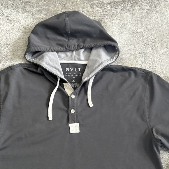 BYLT Hoodie Shirt Mens Large Drop Cut L/S Hooded Henley Lux Gray Cotton - Picture 2 of 8